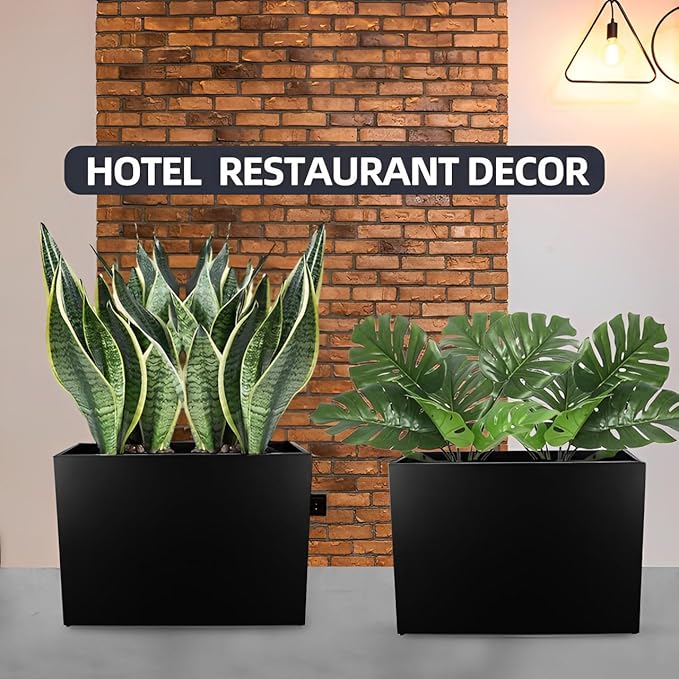 Megawodar Metal Tall Long Planter Box Large Rectangular Planter Flower Pot with Drainage Holes for Indoor Outdoor Deck Porch Garden Home Patio Front Door (Black, M)