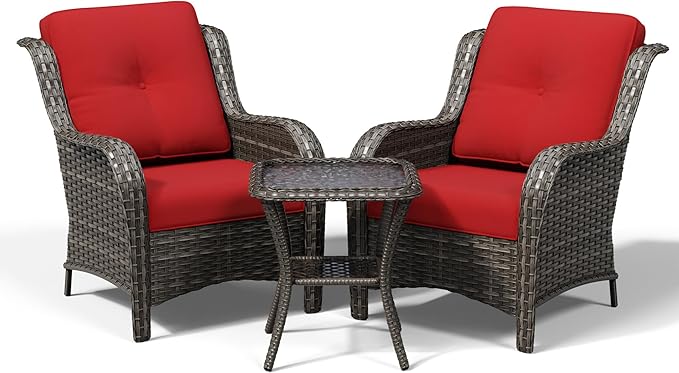 Joyside 3 Piece Wicker Patio Furniture Set, Rattan Patio Chairs with High Back, Deep Seating, Wide Armrest, Thickened Cushions, Outdoor Furniture for Deck, Porch Use