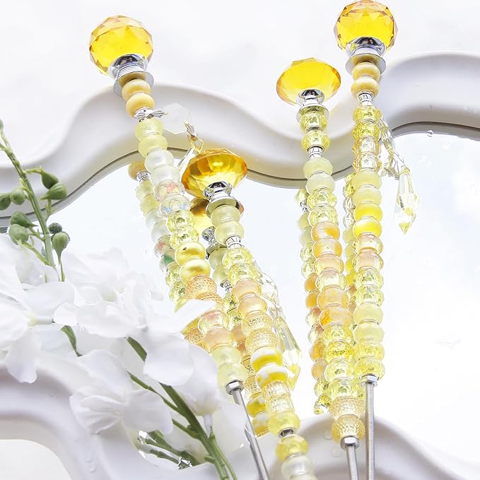 121 Pcs DIY Fairy Wand Beaded Garden Stakes Kit, Fairy Wands Garden Kit Yellow Large Hole Bead with Pendants Crystal Stopper Top Threaded Rod Beaded Garden Stakes Supplies for Outdoor Decorative