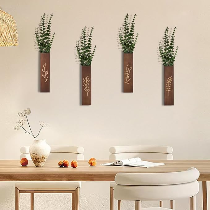 Wooden Wall Planter Set of 4 - Modern Home Decor for Living Room, Bedroom, Bathroom - Dark Brown Finish Planter for Dried Flowers, Faux Greenery, Indoor Plants