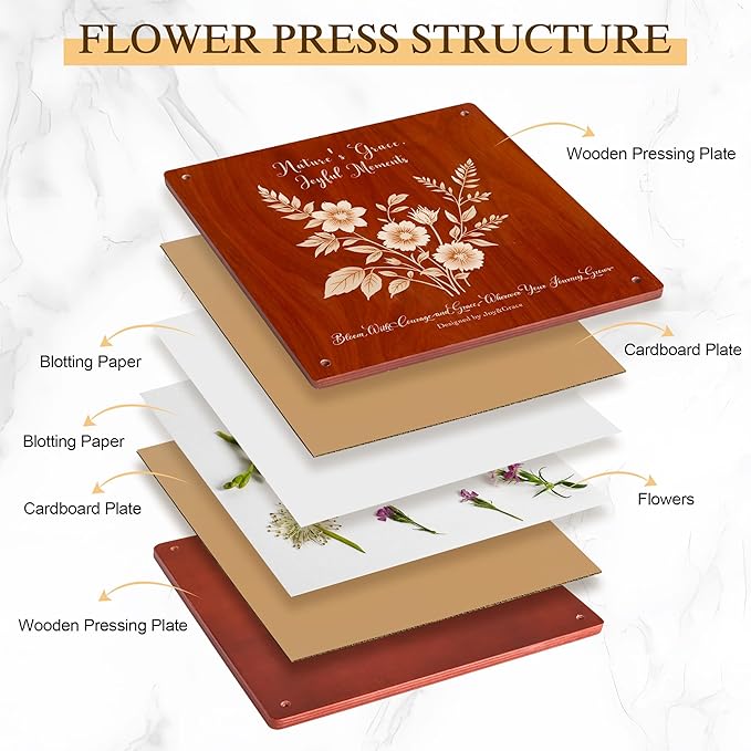 Joy&Grace Large Flower Press Kit for Adults & Kids with Designed Cover and DIY Album, 10.9" x 10.9" 10 Layers Plant Press and Plant Drying Toolkit, Flower Preservation Kit (Color Box, Mahogany Color)