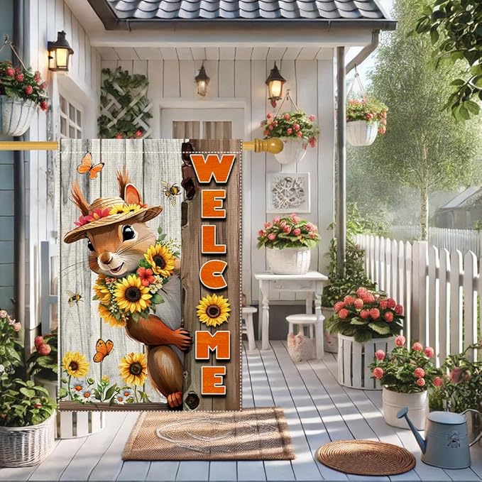 Welcome Garden Flag Vertical Double-Side Small Burlap sunflower Spring Summer Squirrel Garden Flags Yard Porch Outdoor Patio Lawn Decor Flags Decorations (RMQ-480D, 28"X40")