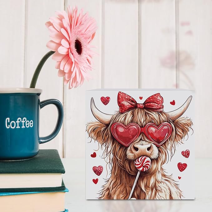 Valentines Day Decorations, Valentines Day Gifts for Her Him, Gift for Boyfriend Girlfriend, Vintage Heart Bow Highland Cow Anniversary Wooden Box Sign Husband Wife Home Office Bedroom Desk Decor