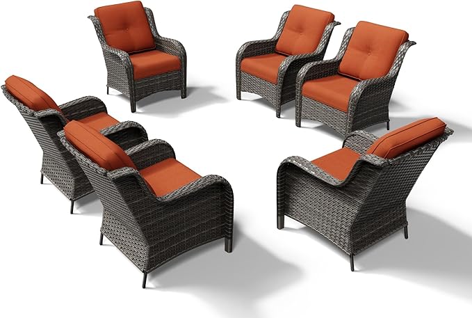 Joyside 6 Piece Wicker Patio Furniture Set, Rattan Patio Chairs with High Back, Deep Seating, Wide Armrest, Thickened Cushions, Outdoor Furniture for Deck, Porch Use