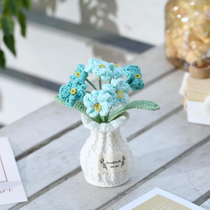 YOOJEE Crochet Flower Pot Forget-me-not Valentines Day Gift for Women Him Her Boyfriend Girlfriend Lover Husband Couples Wife Coworker Birthday Wedding Knitted Blue Plant Cute Office Desk Decor