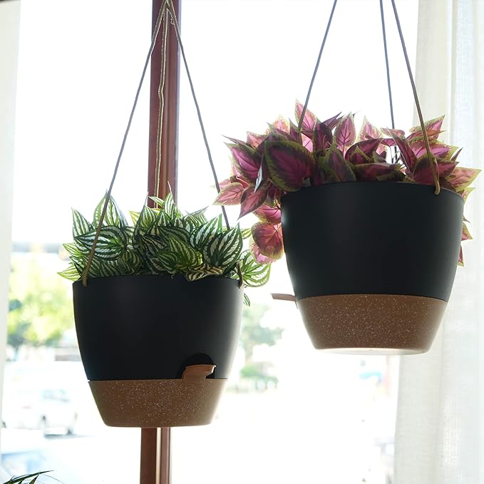 SwinDuck 8 inch Hanging Planters, 2 Pack Self Watering Hanging Pots with 20oZ Deep Reservoir for Indoor Outdoor Plants Flowers, Black with Brown