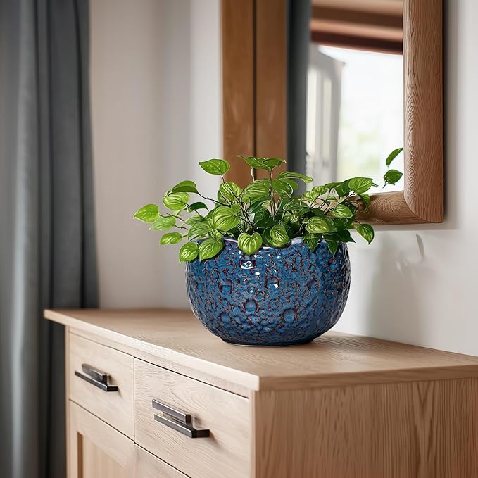 Thirtypot 8 Inch Plant Pot - Ceramic Planter for Indoor Outdoor Plants, Round Unique Plant Pots with Drainage Hole, Modern Decorative Flower Pots, Home Decor, Gifts for Plants Lovers, Retro Blue