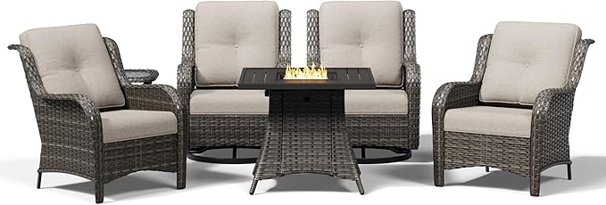 Joyside 6 Piece Wicker Patio Furniture Set with Fire Pit Table, Rattan Patio Chairs with High Back, Deep Seating, Wide Armrest, Thickened Cushions, Outdoor Furniture for Deck, Porch Use