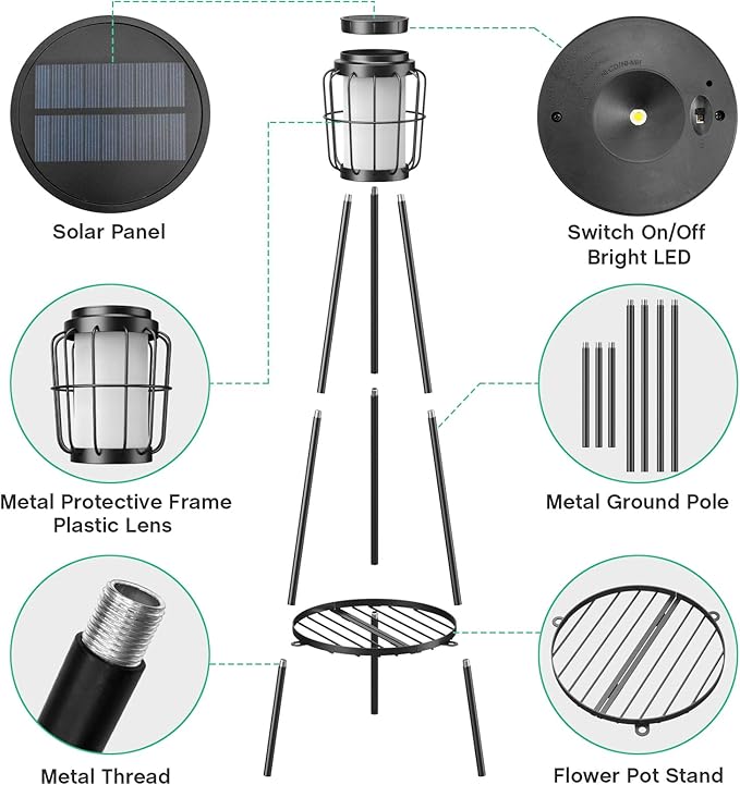 MXwcy 2 Pack Solar Lights Outdoor with Plant Stands - Solar Floor Lamp & Street Lights with Metal Tripod - Patio Decor for Garden, Yard, Pathway, Driveway, Porch