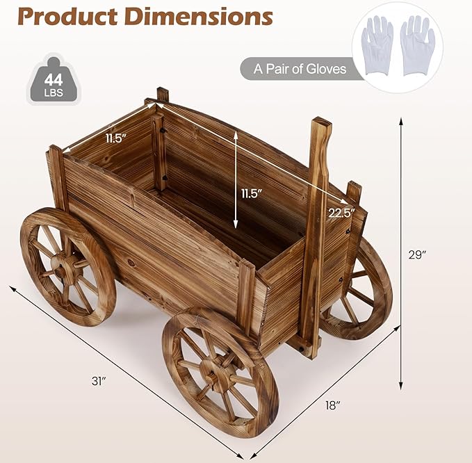 Giantex Wood Wagon Planter, Rustic Rolling Flower Pot Stand with Wheels, Handle & Drainage Hole for Growing Vegetables Herbs, Indoor Outdoor Decorative Cart for Patio Balcony Garden