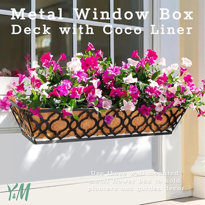 Y&M 6pcs 24 Inch Window Deck with Coco Liner, Fence Metal Hanging Flower Planter Window Basket Deck Railing Planter Boxes for Outdoor Garden Lawn