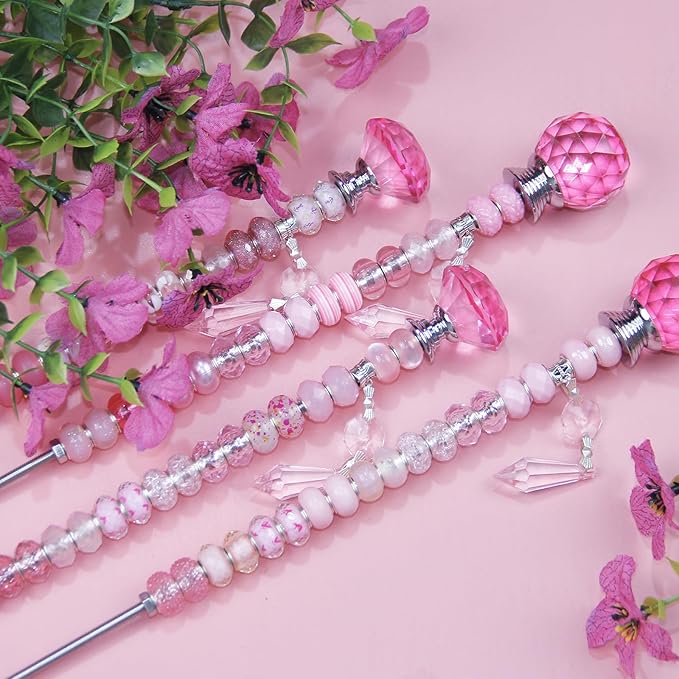 121 Pcs DIY Fairy Wand Beaded Garden Stakes Kit, Fairy Wands Garden Kit Pink Large Hole Bead with Sparkling Pendants Crystal Stopper Top Threaded Rod Beaded Garden Stakes Supplies Outdoor Decorative