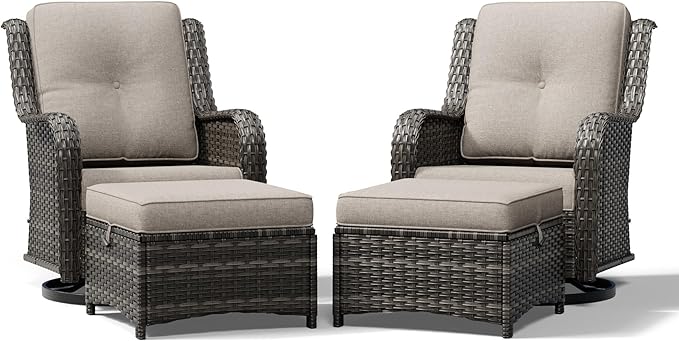 Joyside 4 Piece Wicker Patio Furniture Set, Outdoor Swivel Rocker Patio Chairs with High Back, Deep Seating, Wide Armrest, Thickened Cushions, Outdoor Furniture for Deck, Porch Use