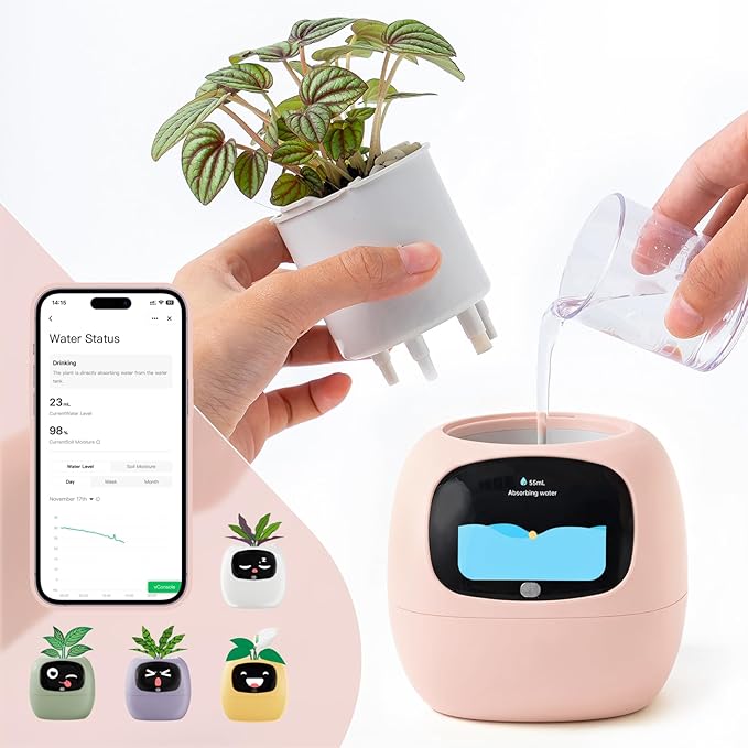 Plantsio AI Smart Pot for Plants with App Control, Self-Watering, Visual Display & 80ml Reservoir, Digital Plant Pot Supports 100+ Plants, Pomodoro Timer, Clock & Calendar,Desk & Office Planter-Pink