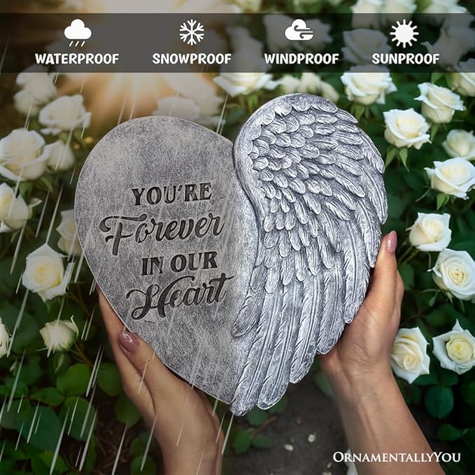 OrnamentallyYou Elegant Resin Stepping Stone, Outdoor Garden Pathway Decoration (You’re Forever in Our Hearts Angel Wing Stepping Stone, 9.5" Garden Decorative Memorial Resin Figurine)