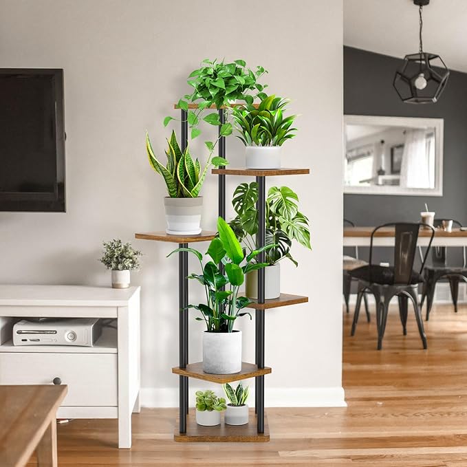 YOCOMEY 6 Tier Wood Tall Plant Stand Metal Rack Indoor, Multiple Flower Pot Holder Shelves Corner Rack, Planter Shelf Display Rack Storage Organizer for Patio Living Room Balcony Garden(Black)