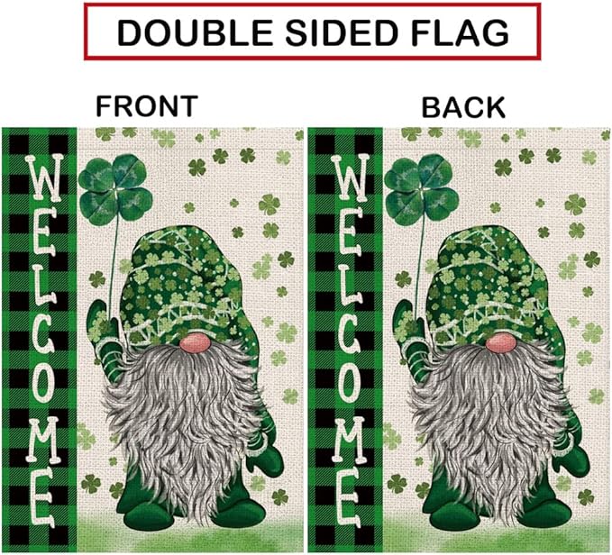 St Patricks Day House Flag Green Gnome Shamrocks Vertical Double Sided Burlap Flag Welcome St.Patrick's Day Holiday Yard Outdoor Decor 28 x 40 Inch