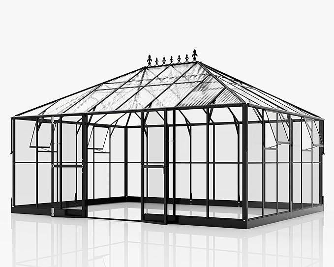 HOWE 16x12x9.5 FT Pavilion Styled Greenhouse with Clear Panels Double Swing Doors, 4 Vents Hybrid Polycarbonate Greenhouse, Green Houses for Outdoors, Sunroom Black