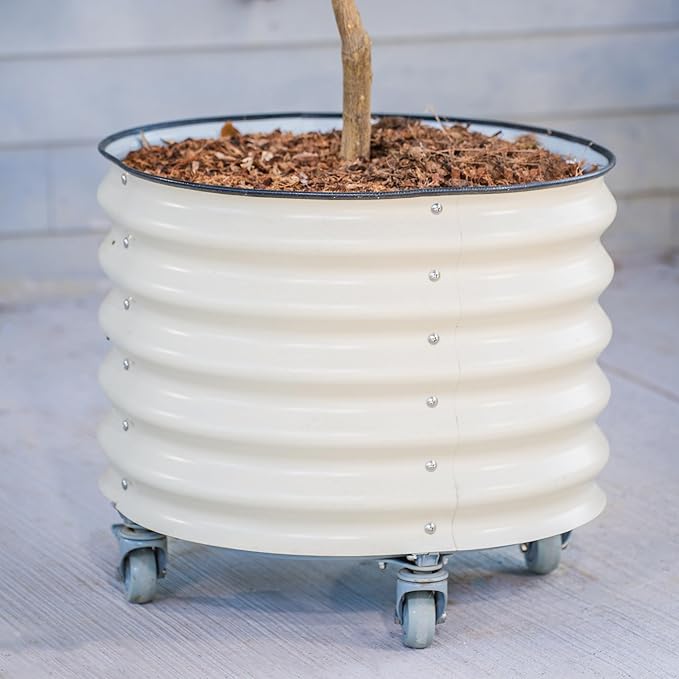 Rolling Metal Citrus Tree Planter Pot, 21″ Round Planter Box for Porch Patio & Backyard, 20 Gallon Large Planter Pot with Wheels for Growing Trees Tomatoes Vegetables and Flowers, Modern Gray