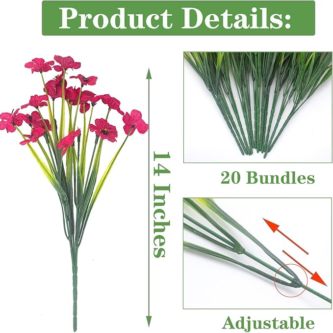 Grunyia 20 Bundles Artificial Flowers, Outdoor Indoor UV Resistant Fake Flowers No Fade Faux Plastic Plants Garden Porch Window Box Decoration