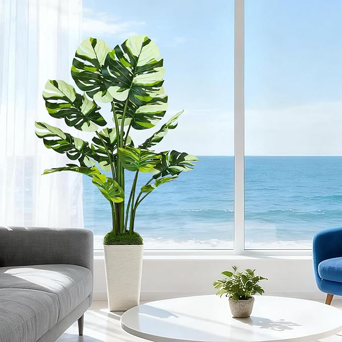 5FT Artificial Monstera Plant with Tall White Planter and Thread Moss, Realistic Faux Floor Tree with Large White Leaves for Indoor Outdoor Office Porch Living Room Corner Home Decor