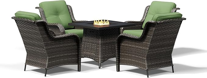 Joyside 5 Piece Wicker Patio Furniture Set with Fire Pit Table, Rattan Patio Chairs with High Back, Deep Seating, Wide Armrest, Thickened Cushions, Outdoor Furniture for Deck, Porch Use