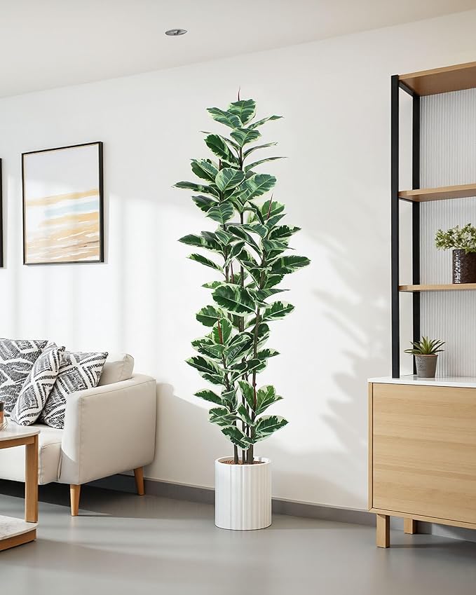 Artificial Rubber Tree Plant 7ft Tall Faux Ficus Tree Potted Fake Tropical Plants Decorative House Plants Large Floor Artificial Trees for Home Office Store Room Decor