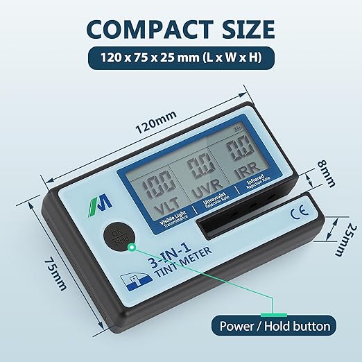 Mxmoonfree Tint Meter, Digital Window Tint Meter, 3-in-1 Solar Film Transmission Meter, UV IR Rejection Meter Spectrum Tester for Precise Filmed Glass Testing Window Tint, for Roll Down Windows ONLY