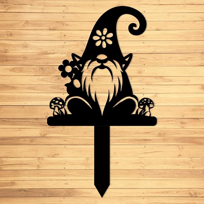Magilab Personalized Iron Yard Stake - Christmas Cute Gnome Dwarves Decor, 8-Inch Black Metal Garden Sign for Outdoor (Style L)
