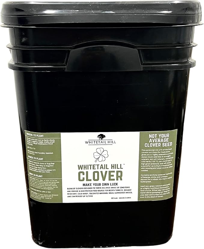 Whitetail Hill Clover Food Plot Seed for Deer and Turkeys, 1/2 Acre or 3 Acre, 5 Types of Clover, Perennial Blend, Cold Hardy, Drought Tolerant, Highly Palatable (3 Acres (22.5lbs))