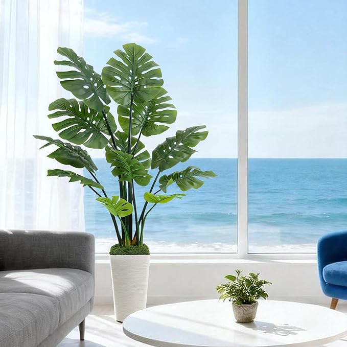 5FT Artificial Monstera Plant Realistic Faux Monstera Plant with Tall White Planter and Thread Moss, Lifelike Indoor Outdoor Artificial Tree for Living Room, Bedroom, Office, Housewarming Decor
