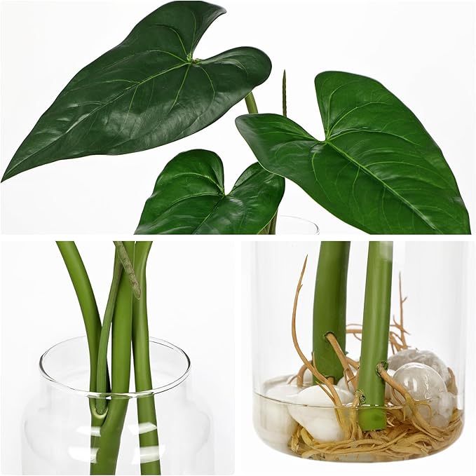 Oairse Artificial Tropical Plant in Glass Vase with Faux Water & Pebble - 16.5" Fake Plants in Vase Taro Leaves Stem Fake Palm Monstera Greenery for Home Indoor Centerpiece Farmhouse Decor