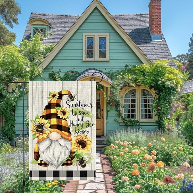 Spring Summer Buffalo Plaid Gnome garden flag Bee Sunflowers 12x18 inch Double Sided Small Burlap Home Outdoor Yard Lawn Patio Flags Decorations