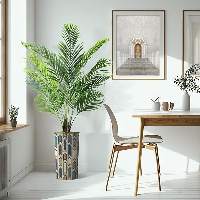 Artificial Tree in Modern Polygon Pattern Effect Planter, Fake Areca Tropical Palm Silk Tree for Indoor and Outdoor Home Decoration - 66" Overall Tall (Plant Pot Plus Tree)