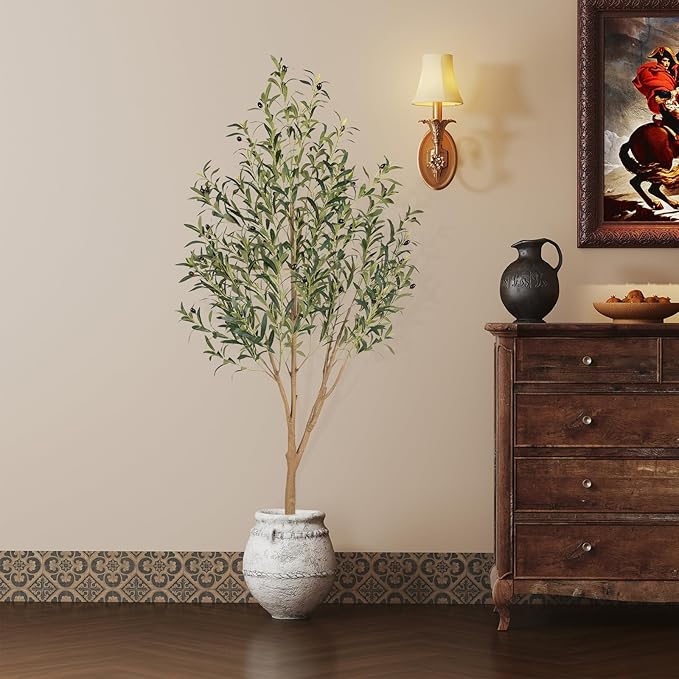 Tall Faux Olive Tree,6ft(72in) Realistic Potted Silk Artificial Olive Tree, Fake Olive Trees Indoor with Green Leaves and Big Fruits for Home Office Living Room Stairs Patio Decor.
