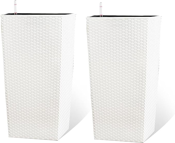 Vigo huseeo 23in Tall Planter Set of 2, Large Self Watering Pots for Indoor/Outdoor Plants with Drain Holes, Water Level Monitor, Inner Bucket for Front Porch Patio, White Rattan