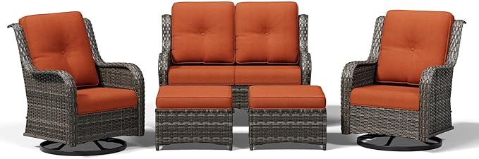 Joyside 5 Piece Wicker Patio Furniture Set, Outdoor Swivel Rocker Patio Chairs with High Back, Deep Seating, Wide Armrest, Thickened Cushions, Outdoor Furniture for Deck, Porch Use