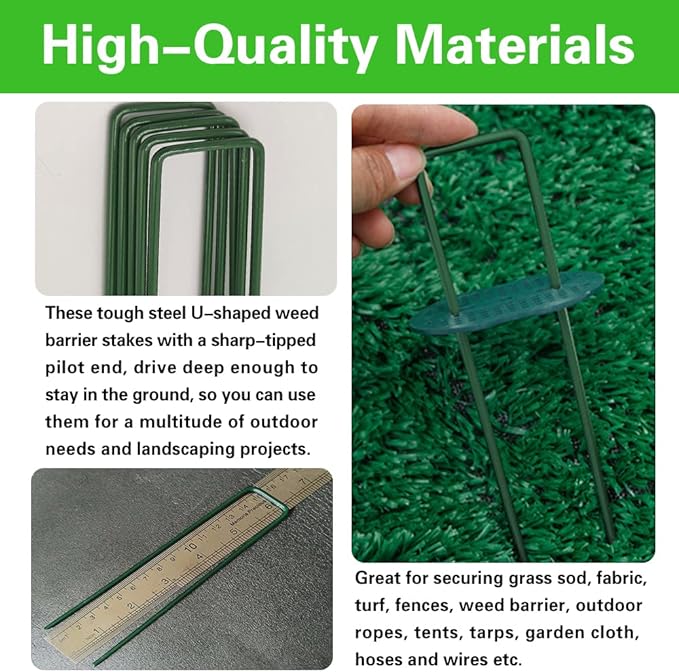 Bakulyor 200pcs Green Artificial Turf Stakes Staples + 200pcs Buffer Washer, 6 Inch 11 Gauge Landscape Staples, Galvanized Lawn Spikes, Heavy Duty Yard Ground Pin for Grass Weed Barrier Sod Fabric