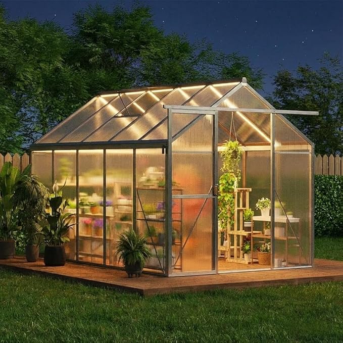 6x10 FT Greenhouse, Outdoor Sliding Door, Polycarbonate Greenhouse with Aluminum Frame, Lockable Door and Ajustable Roof Vent for Backyard, Outside Garden Backyard, Patio, Silver