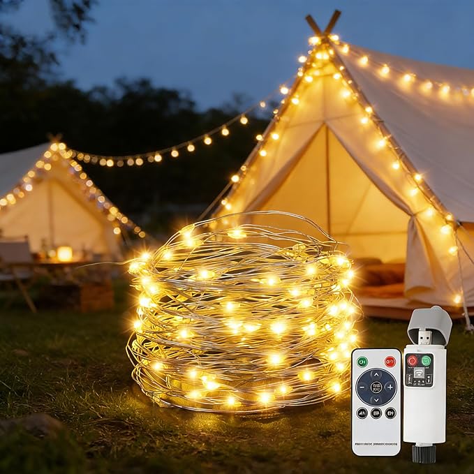 Rechargeable Fairy Lights Plug in, 33Ft 100 LEDs Waterproof Camping String Lights, with Remote and Adaptor,Starry String Lights for Wedding Indoor Outdoor Christmas Patio Garden Decoration,Warm White