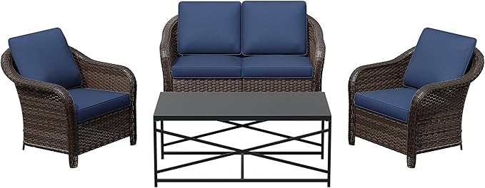 4 Pieces Outdoor Conversation Furniture Set, 55" Patio Couch,47" Metal Coffee Table, 2 Chairs, Rattan Wicker Sofa with Removable Cushions for Bistro, Deck (Navy Blue)