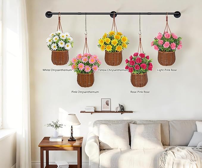 Artificial Daisy Flowers with Hanging Woven Basket, Sunny Faux Chrysanthemums in Fake Rattan Planter with Rope, Realistic Floral Arrangement for Home Porch Patio Balcony Summer Farmhouse Decor, Yellow