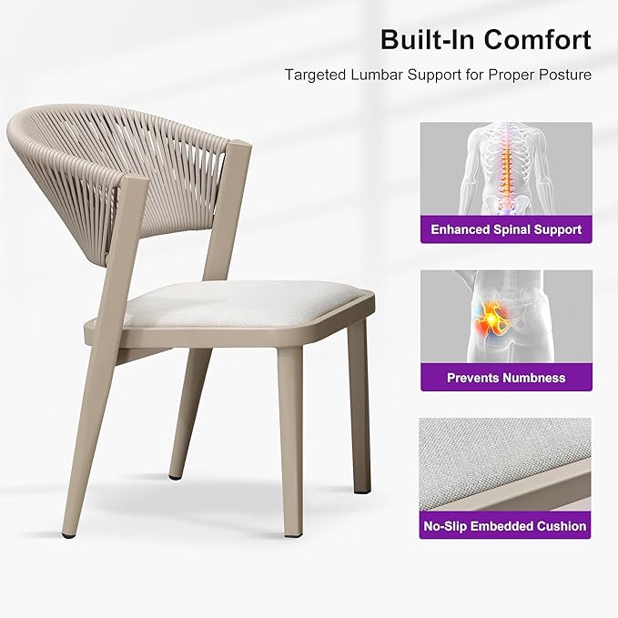 PURPLE LEAF 2 Pieces Outdoor Dining Chair All-Weather Wicker Aluminum Frame Patio Dining Chair for Lawn Garden Backyard Deck with Cushion, Champagne