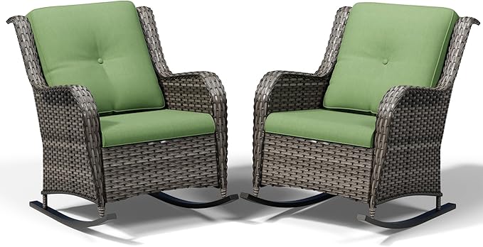 Joyside Outdoor Rocking Chairs Set of 2, Wicker Patio Furniture with High Back, Deep Seating, Wide Armrest, Thickened Cushions, Outdoor Rattan Furniture for Deck, Porch Use
