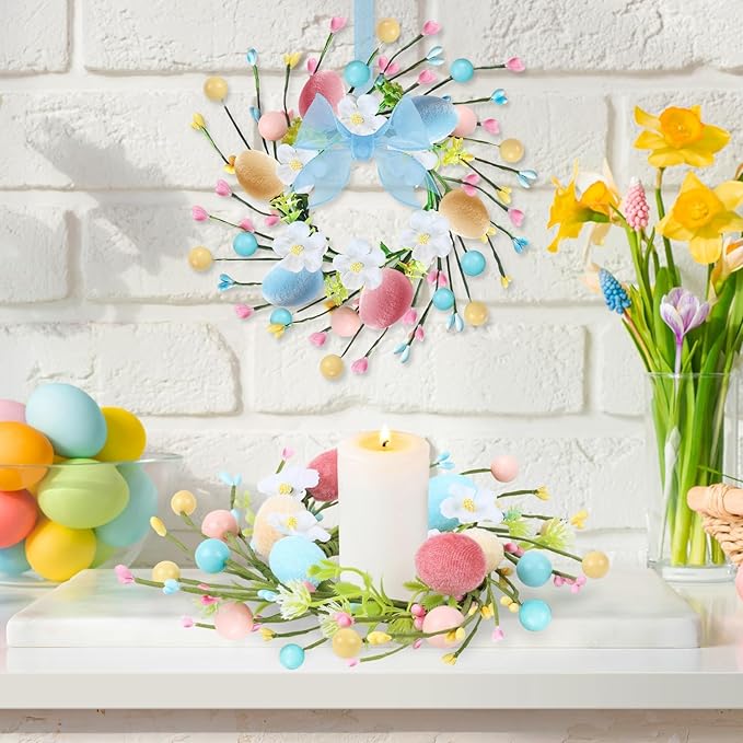 6 PCS Small Easter Wreaths for Kitchen Cabinet Mini Artificial Easter Colorful Egg Wreath for Front Door Spring Summer Hanging Wreath with Ribbon Flower Berry for Porch Window Wall Farmhouse Decor