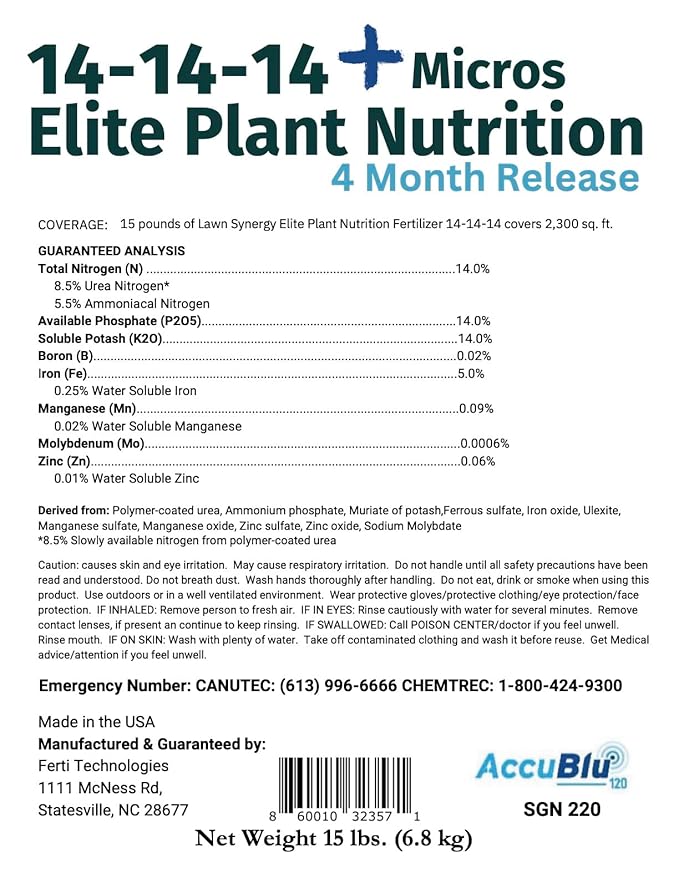 14-14-14 Plant Fertllizer Elite Nutrition - 15 lbs. Slow Release 120 Days - Added in Micros - Ornamental and Landscape Fertilizer (15 lbs.)