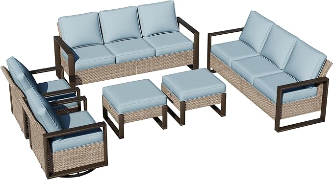 Outdoor Patio Swivel Rocker Chairs, 6 Pieces Wicker Furniture Set, 2 Swivel Rocking Chairs, 2 Sofa and 2 Ottoman, Metal Wide Armrest, Thick Cushions and Deep Seating for Garden, Backyard, Porch, Deck