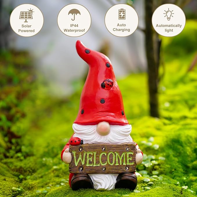 Gnome Garden Decor Statue Solar Welcome Decorations for Yard Lawn Outside with Lights Outdoor Decorations for Balcnoy