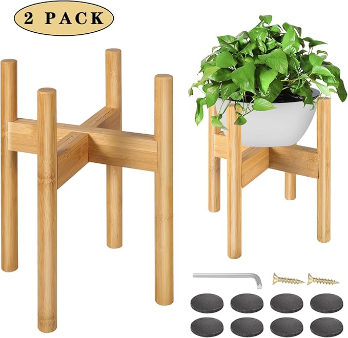 FJO 2Pcs Adjustable Plant Stand Indoor - Bamboo Plant Stands, Bamboo Mid Century Modern Plants Stands, Plant Holder for Living Room Fits 8 to 12 Inches Pots(Pot & Plant Not Included) (Natural)