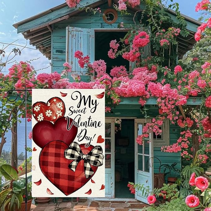 Valentines Day Garden Flag 12x18 Inch Double Sided Small Burlap Featuring Red Hearts and My Sweet Valentine Day Text for Outdoor Decor
